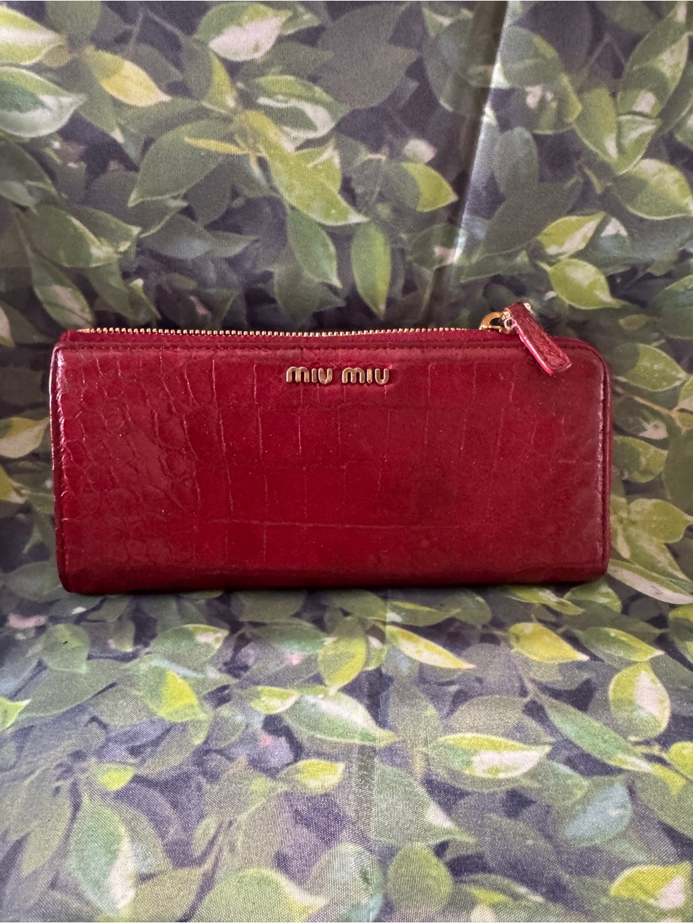 Miu Miu Burgundy Croc-Embossed Zip Wallet